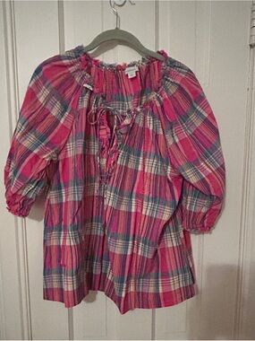 Sundance Pink Plaid Peasant Blouse with Blue Accents